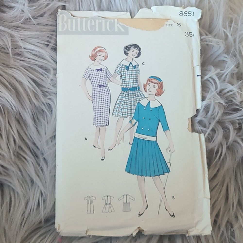3/$15 vintage 1958 Girls Dress Butterick Sewing Pattern 8651 sz 8 